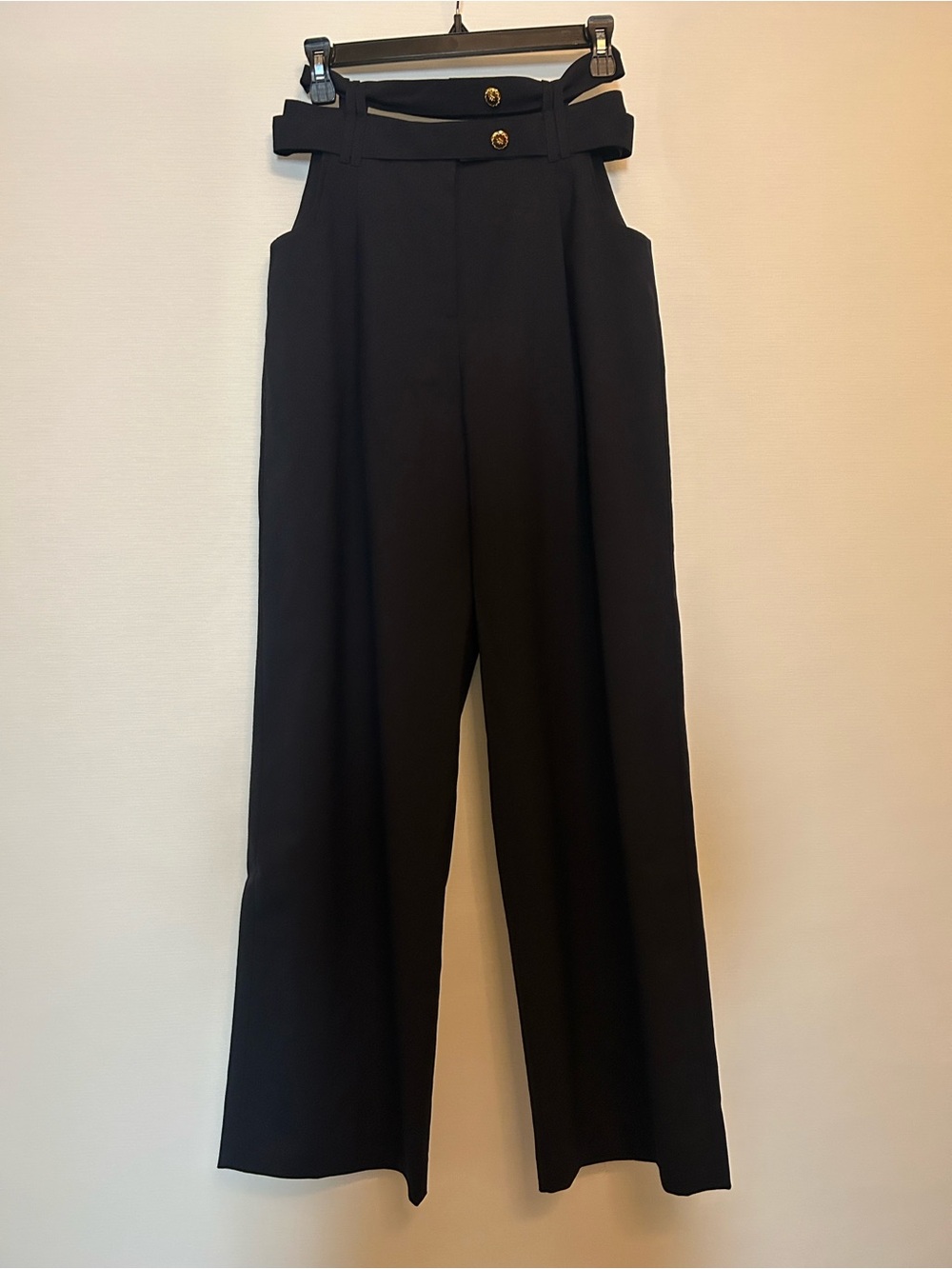 EENK High-Rise Wide-Leg Trousers with Double Belt Button Detail Navy Color